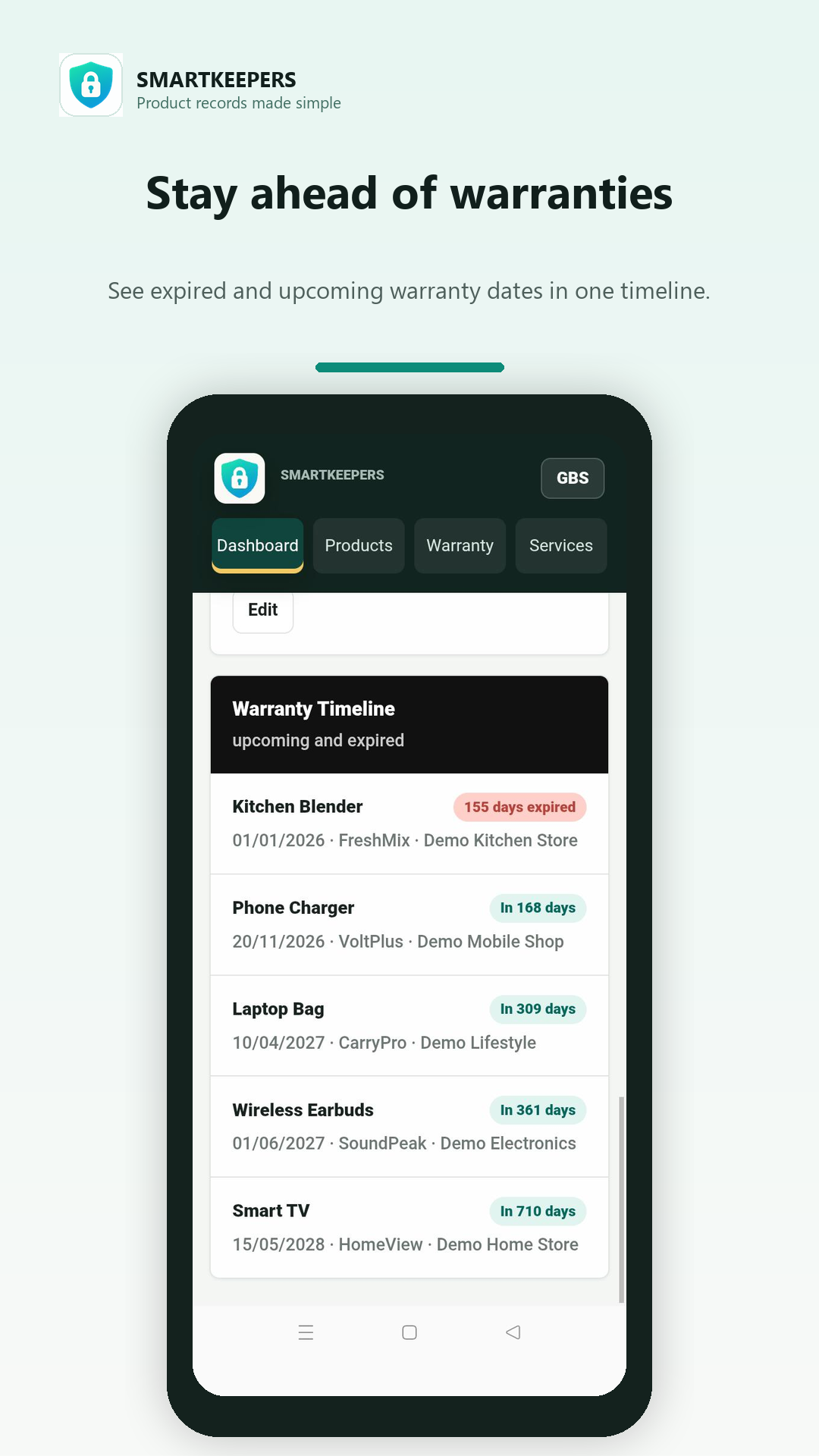 SmartKeepers warranty timeline screen