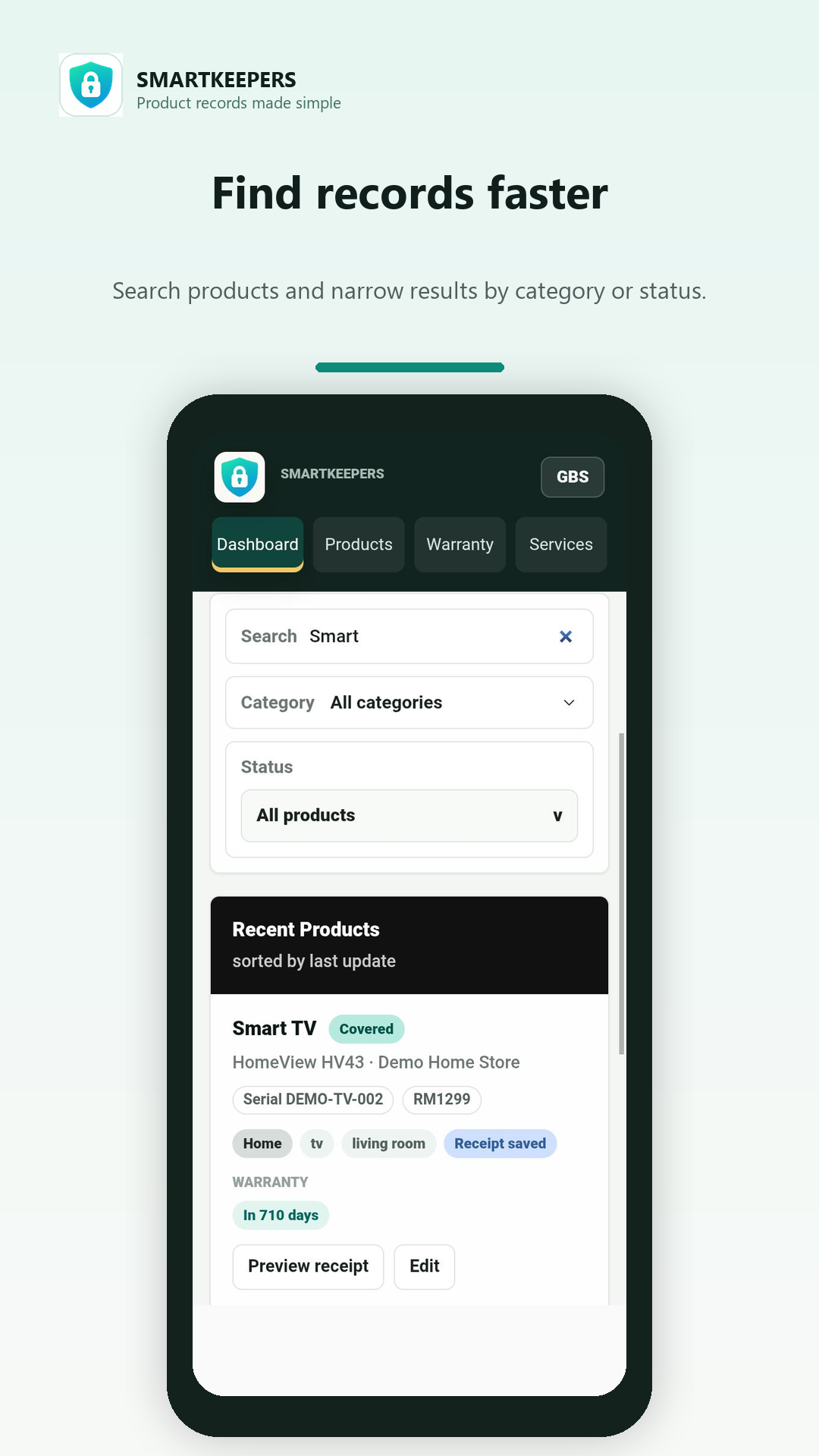 SmartKeepers search and filter screen